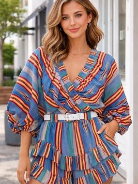 Blue Multi-Stripe V-Neck Ruffle Tunic